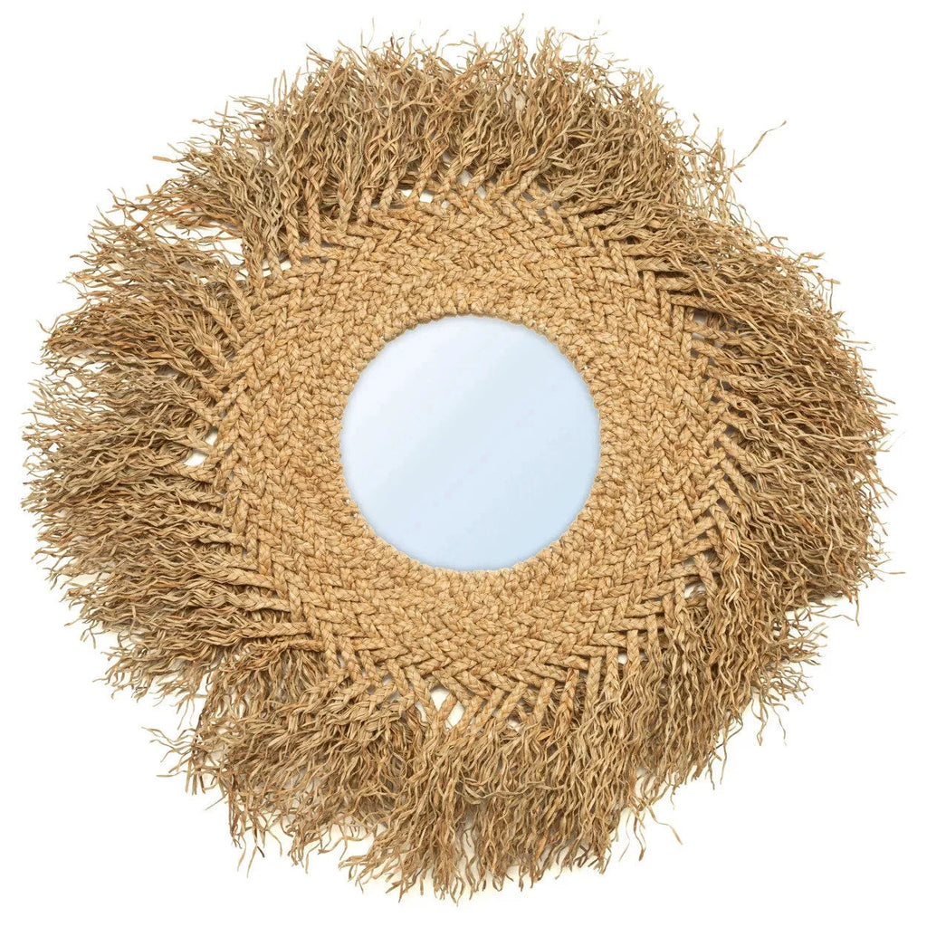 Miroir rond mural en jacinthe d’eau naturelle avec franges, diamètre 75 cm