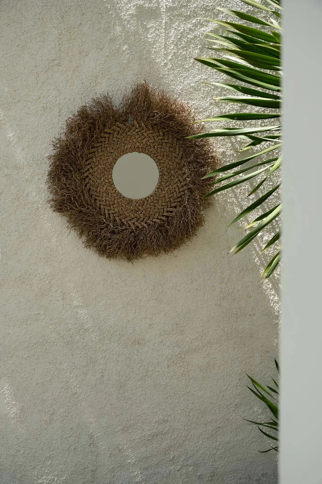 Miroir rond mural en jacinthe d’eau naturelle avec franges, diamètre 75 cm