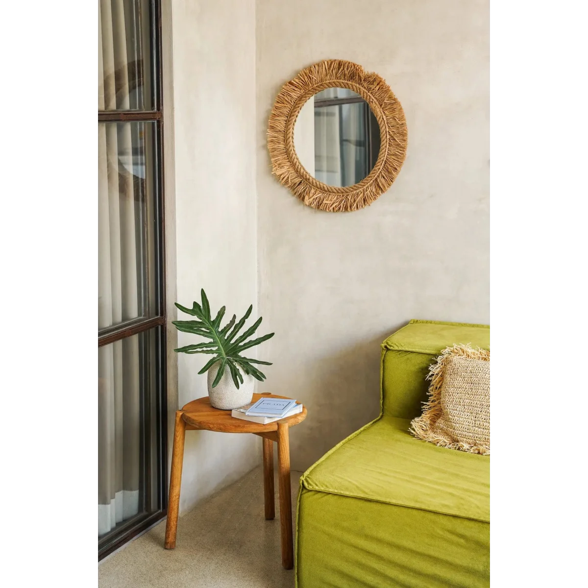 Miroir rond en raphia naturel 60 cm avec cadre à franges, artisanat indonésien