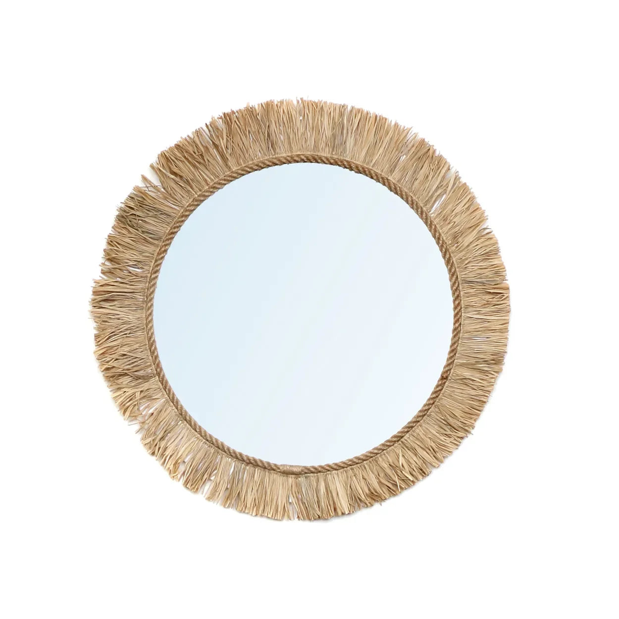 Miroir rond en raphia naturel de 60 cm avec cadre en corde à franges artisanat Indonésien