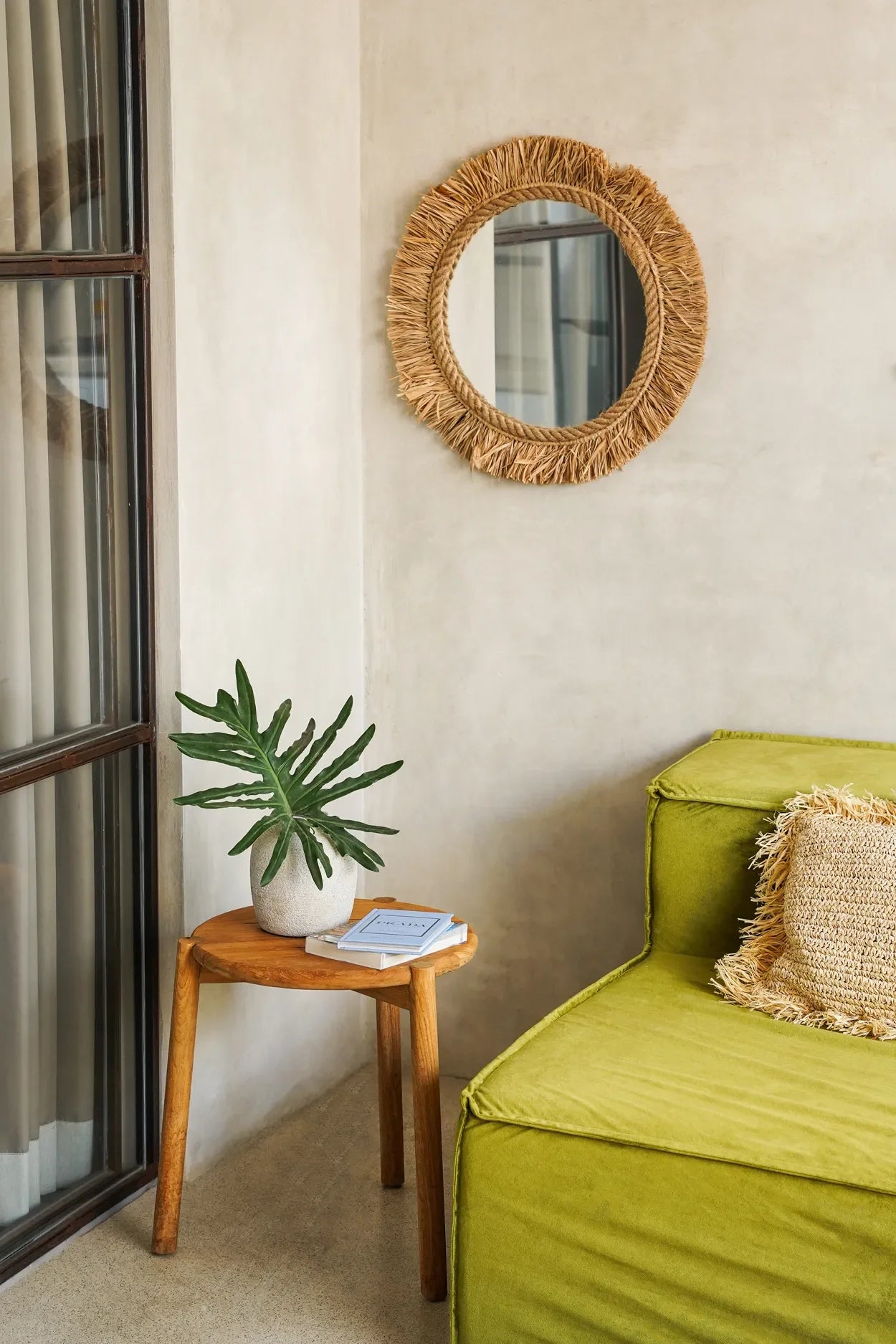 Miroir rond en raphia naturel avec franges, 60 cm, artisanat indonésien