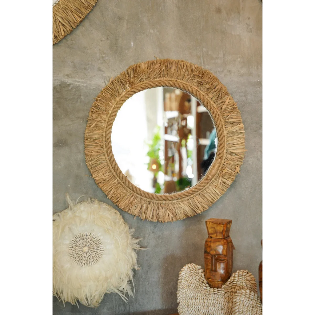 Miroir rond en raphia naturel 60 cm avec cadre en cordage et tissage artisanal indonésien