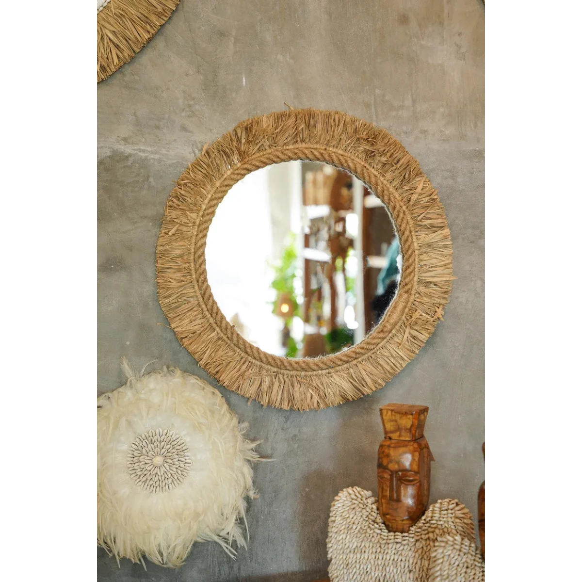Miroir rond en raphia naturel 60 cm avec cadre en cordage et tissage artisanal indonésien