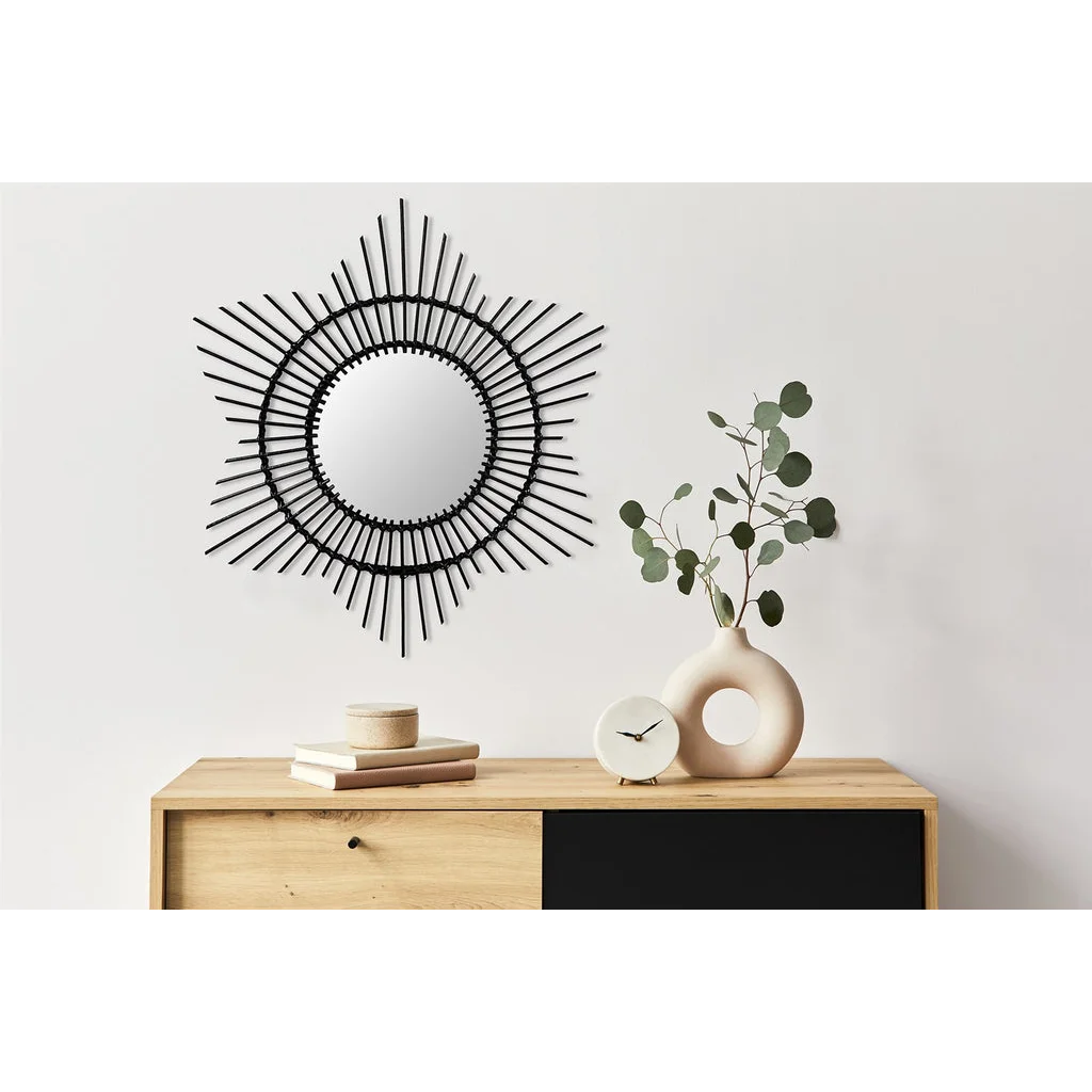 Miroir rond en rattan noir motif soleil mural avec miroir central de 70 cm