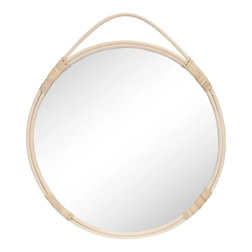 Miroir rond en rotin naturel 50 cm avec poignée en corde tressée