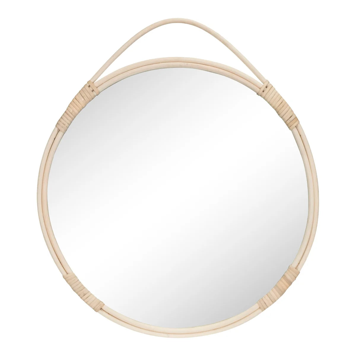 Miroir rond en rotin naturel 50 cm avec poignée en corde tressée