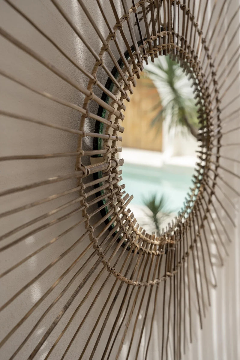 Miroir rond en rotin naturel 85 cm – esprit vintage