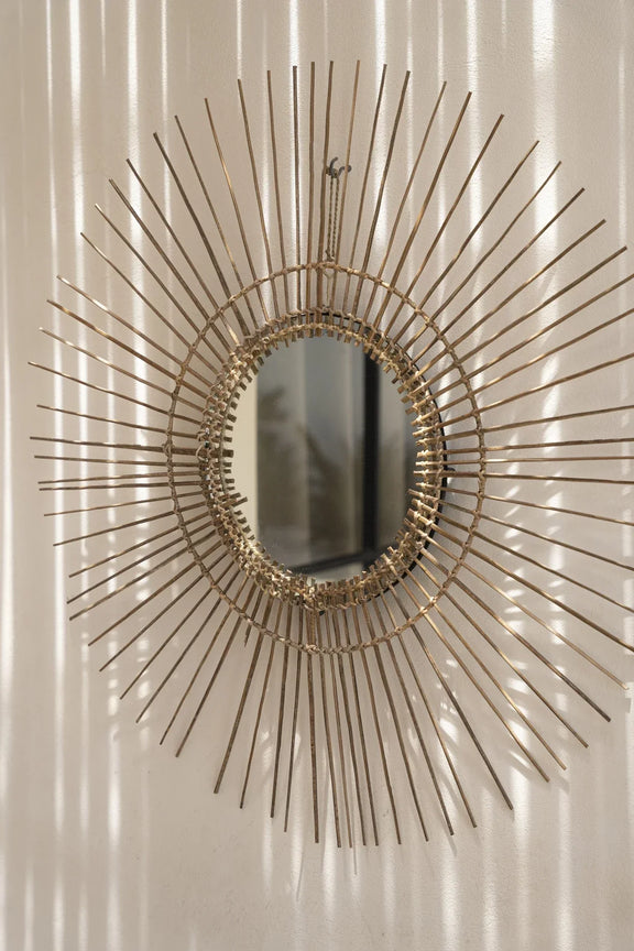 Miroir rond en rotin naturel 85 cm – esprit vintage