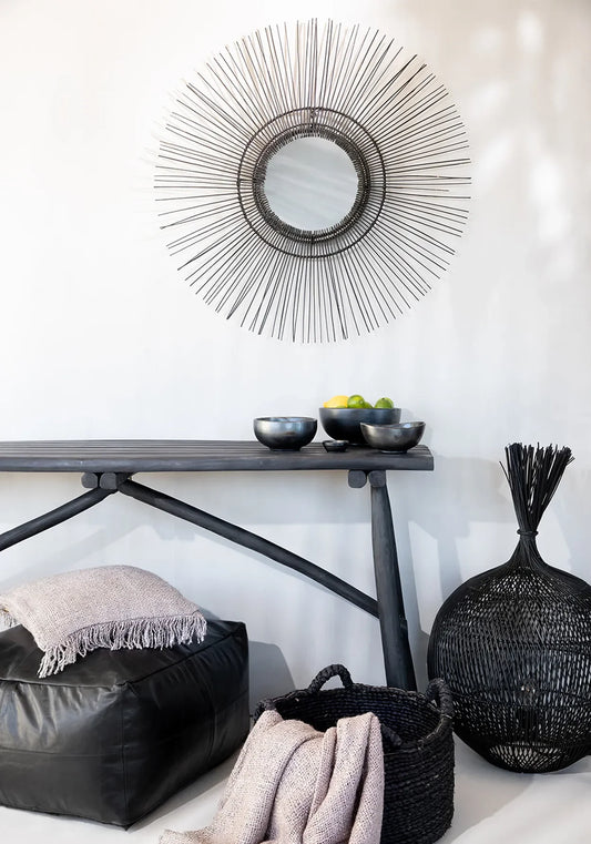 Miroir rond en rotin noir 85 cm style années 70
