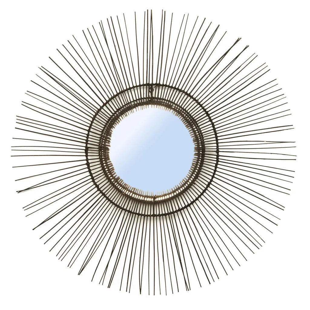 Miroir rond en rotin noir 85 cm style années 70