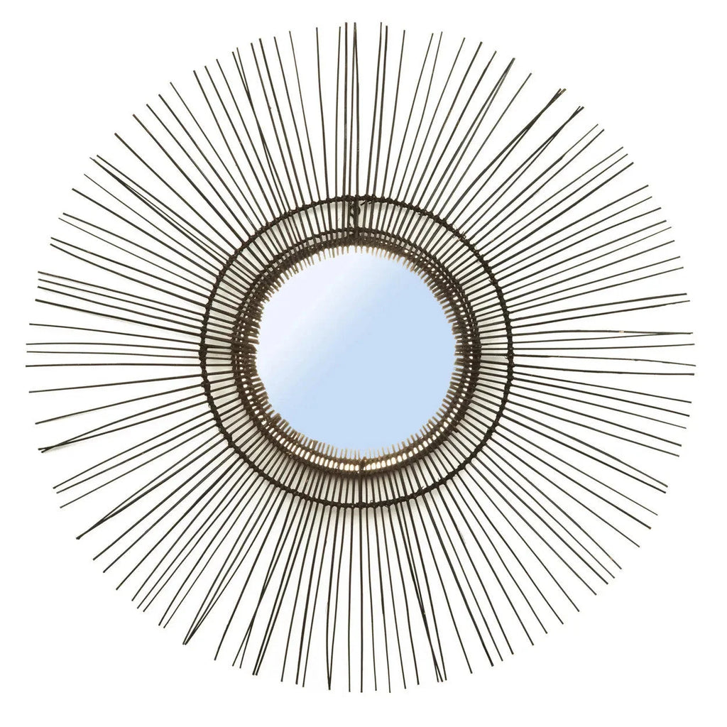 Miroir rond en rotin noir 85 cm style années 70 avec cadre épineux soleil
