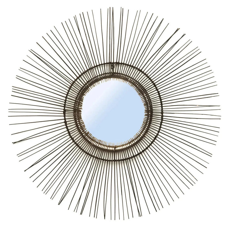 Miroir rond en rotin noir 85 cm style années 70