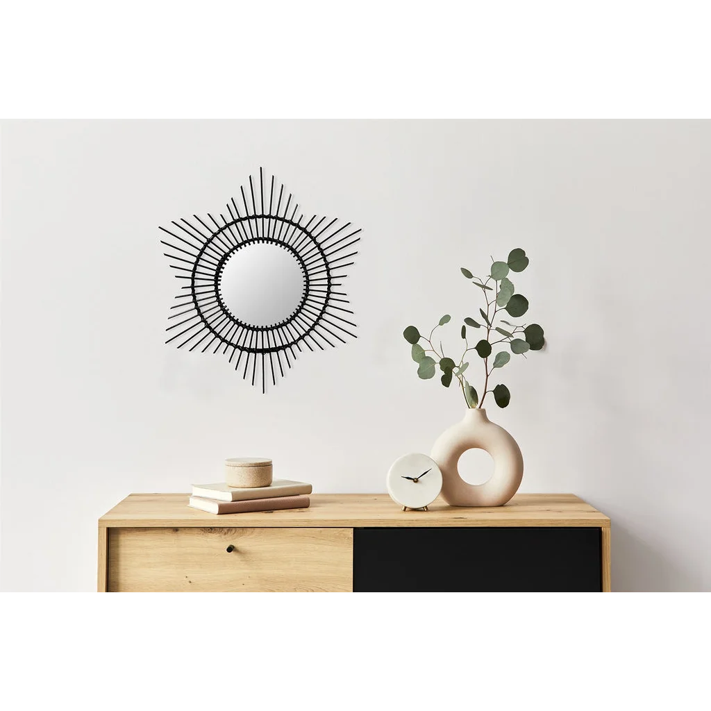 Miroir soleil mural en rotin noir fait main avec surface réfléchissante ronde Ø52 cm
