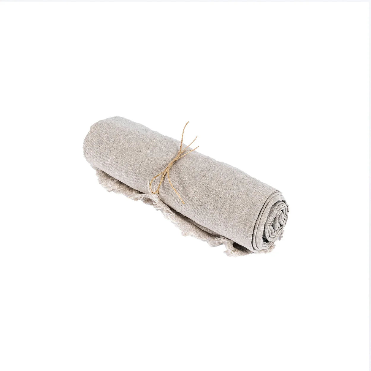 Nappe carrée en lin beige 150x150 cm avec tissu roulé et bords effilochés, nouée avec de la ficelle