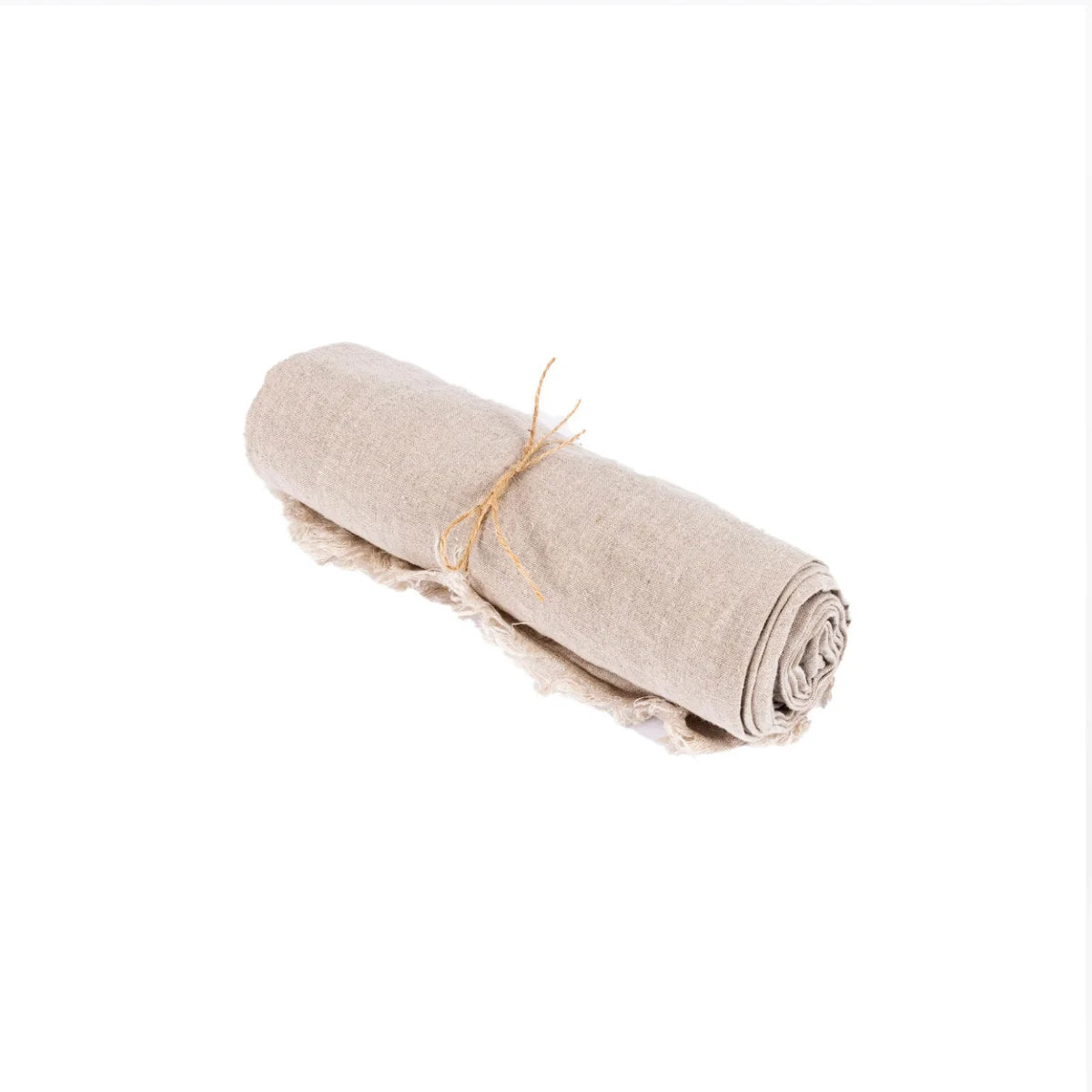 Tissu en lin beige clair roulé avec une ficelle destiné à la Nappe en lin beige 150x200 cm