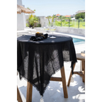 Nappe en lin noir 150x200 cm avec franges et tassels blancs pour table à manger