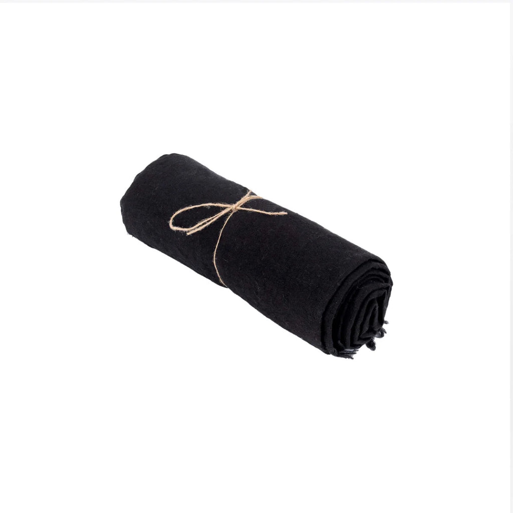 Nappe en lin noir 150x200 cm pour table à manger avec tissu roulé et ficelle