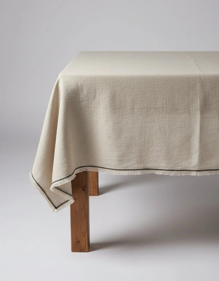 Nappe en lin beige rectangulaire 150x250 cm à liseré noir et franges
