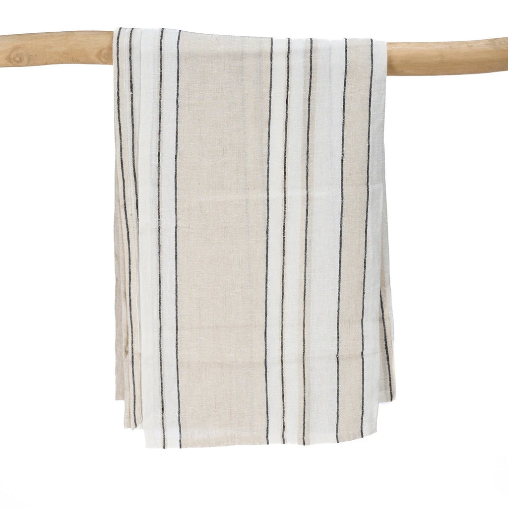 Nappe rectangulaire en lin beige rayé noir, 150x300 cm