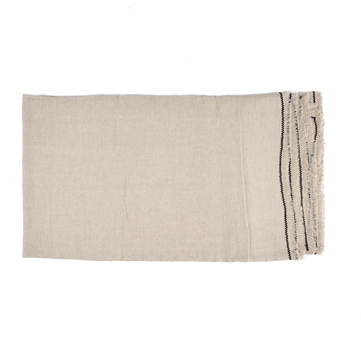 Nappe rectangulaire en lin écru bord noir frangé 150x300 cm