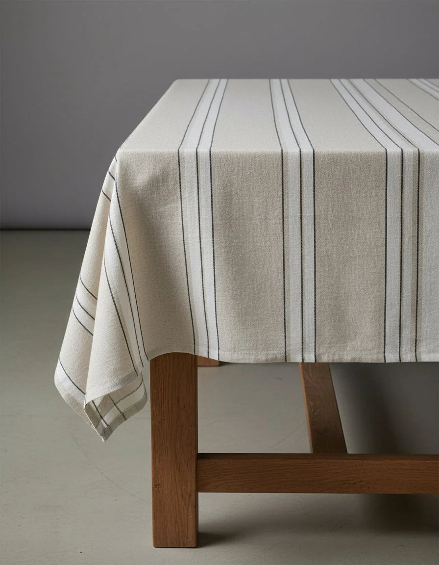 Nappe rectangulaire en lin beige rayé noir, 150x250 cm