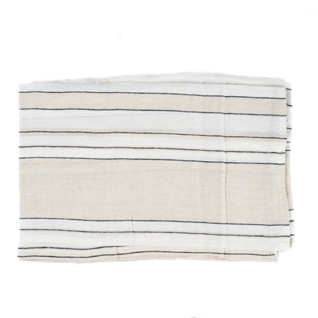 Serviette en lin beige rayé noir, pliée, 150x250 cm