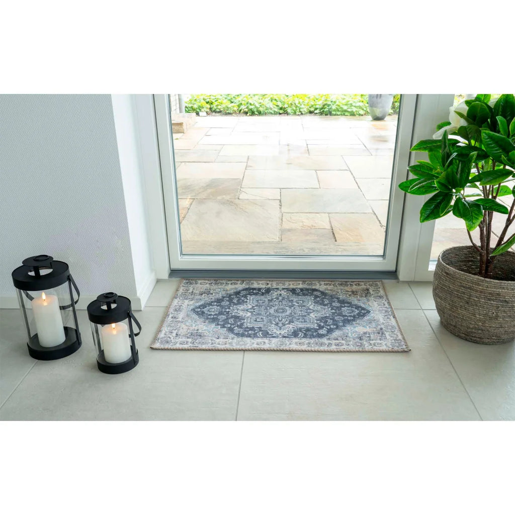 Paillasson persan bleu 50x80 cm motif orné bleu-gris texturé