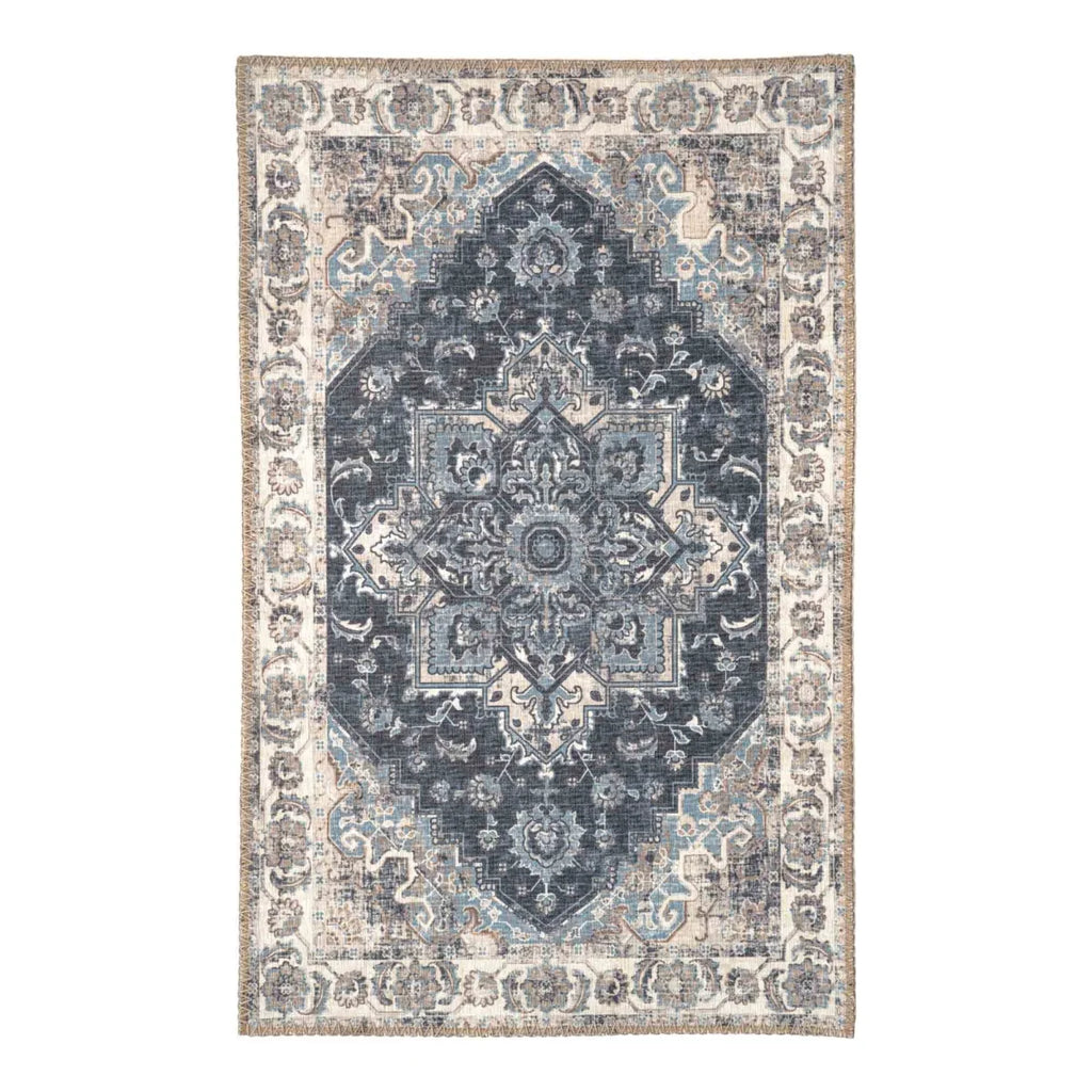 Paillasson persan bleu 50x80 cm style antique motif géométrique bleu crème