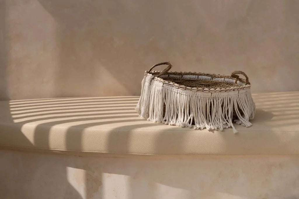 Panier à franges bohème tissé naturel blanc pour la décoration intérieure