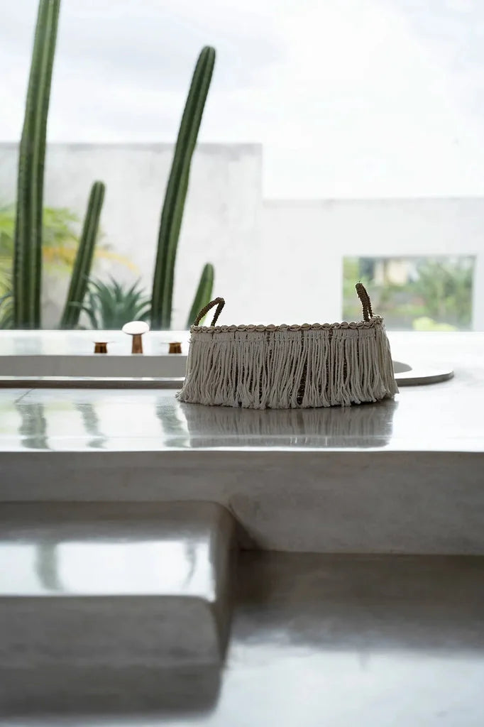 Panier à franges bohème en rotin avec poignées, couleur blanc naturel
