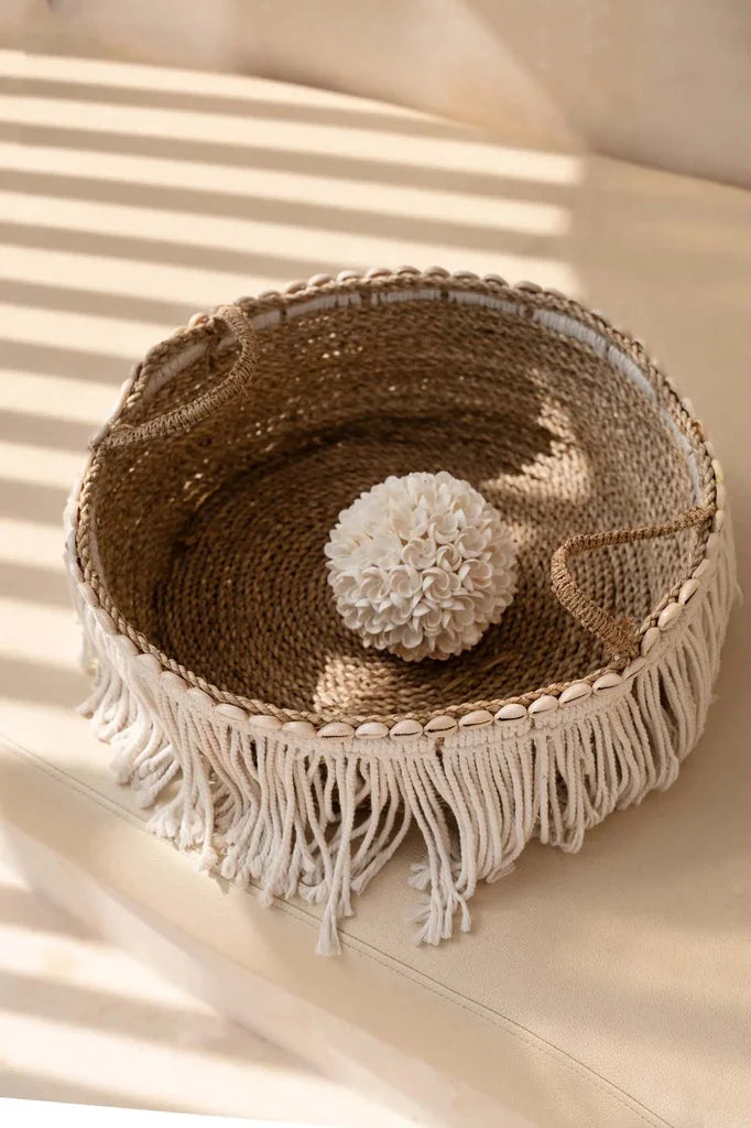 Panier rond en tissage avec franges, style bohème, Blanc naturel