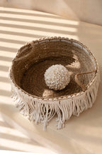 Panier rond en tissage avec franges, style bohème, Blanc naturel