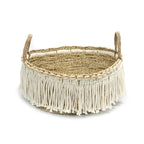 Panier rond en tissage avec franges et poignées, style bohème blanc naturel