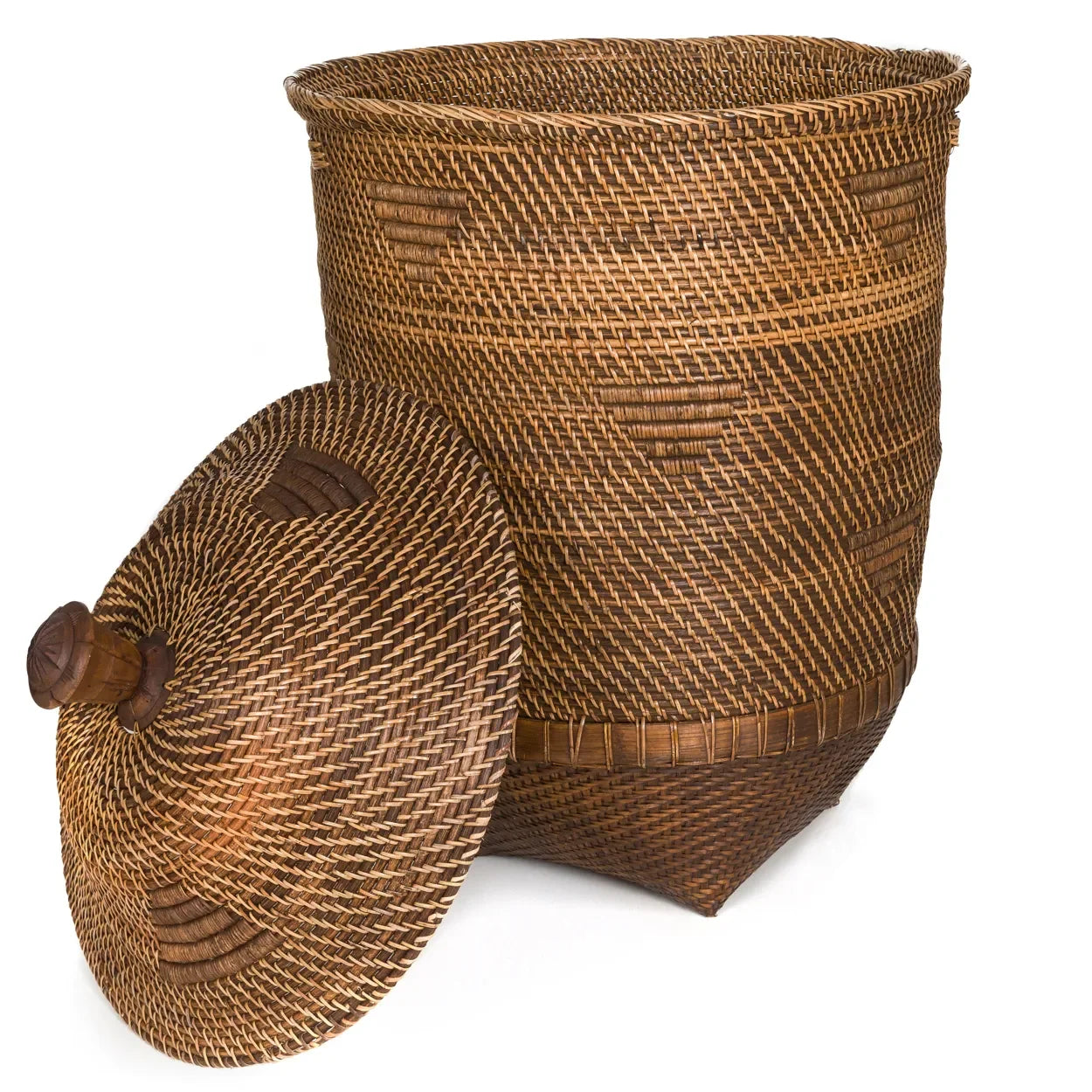 Panier à linge cylindrique en rotin tressé marron naturel avec couvercle H90 cm