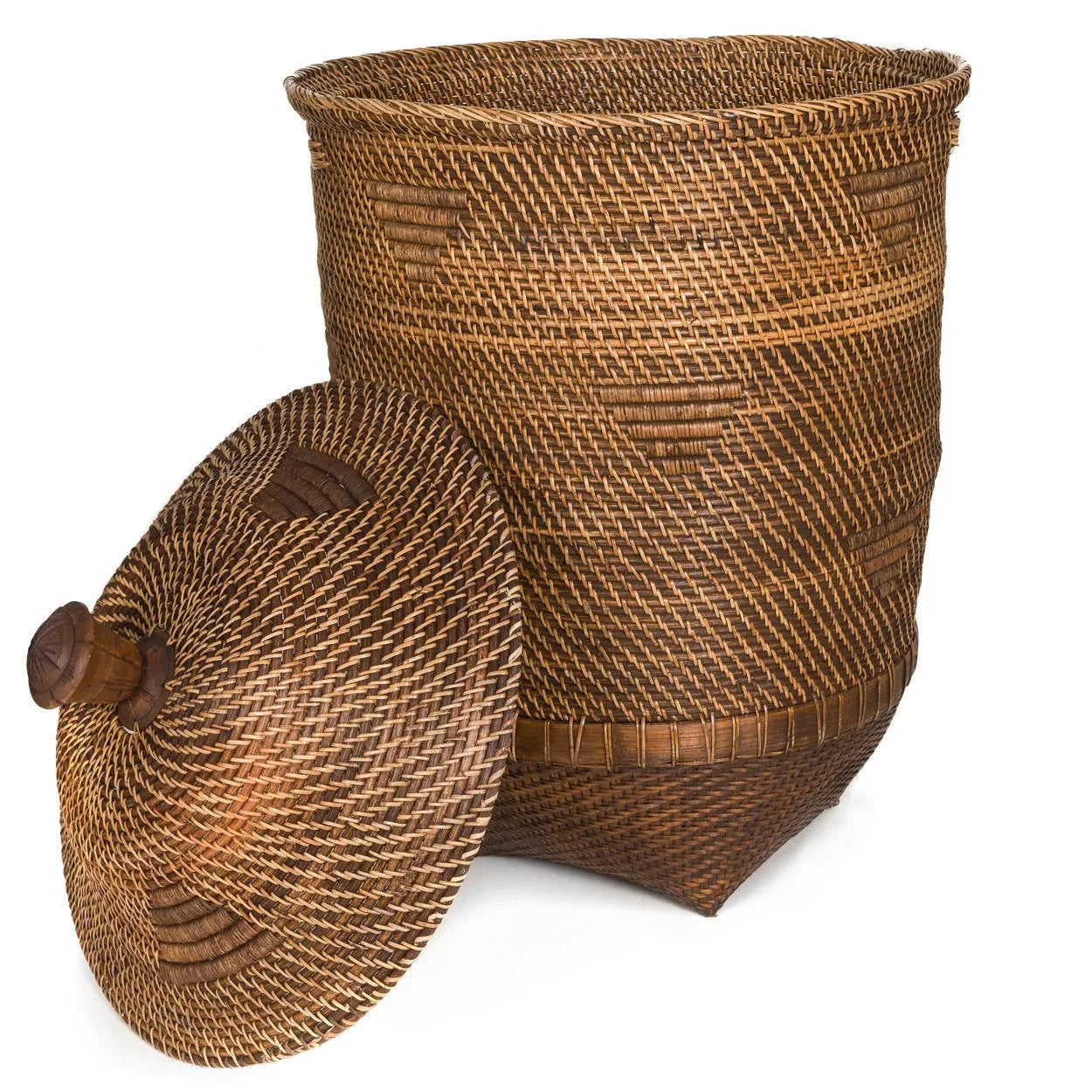 Panier à linge cylindrique en rotin tressé marron naturel avec couvercle en bois