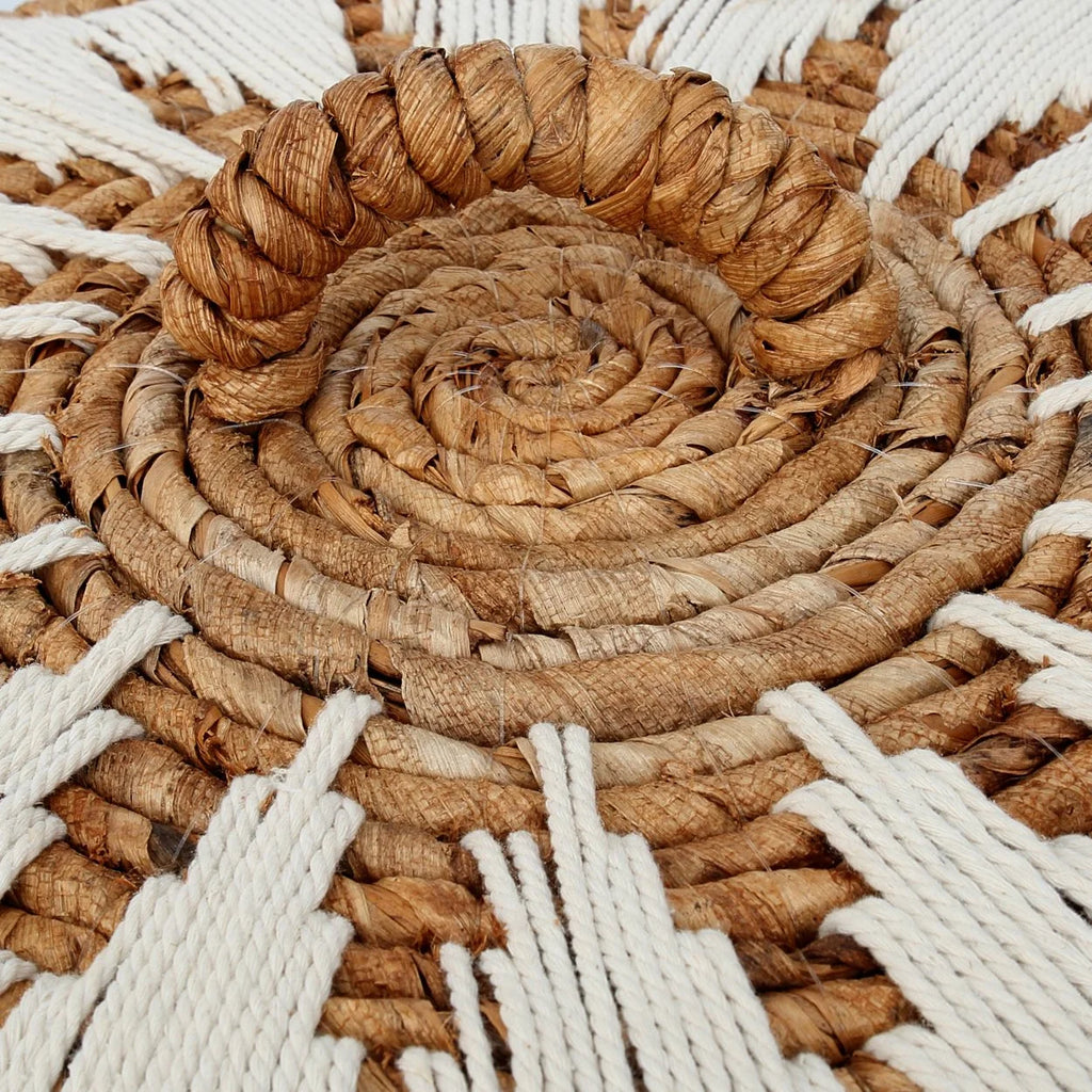 Panier à linge en feuille de bananier avec couvercle en paille tissée et fil blanc