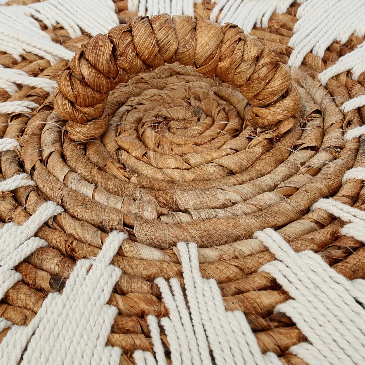 Panier à linge en feuille de bananier avec couvercle en paille tissée et fil blanc