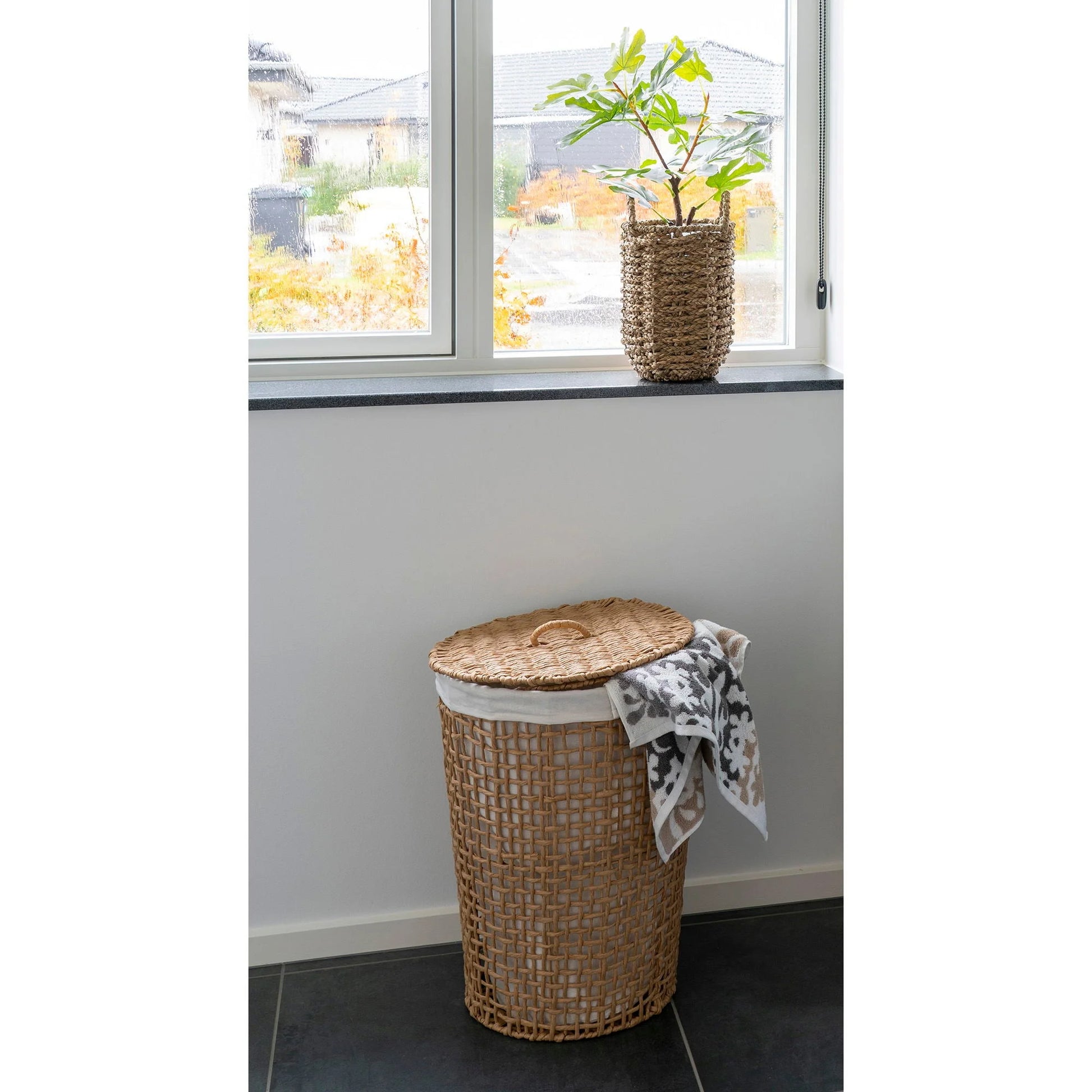 Panier à linge en papier beige et blanc avec couvercle, ø42x56 cm