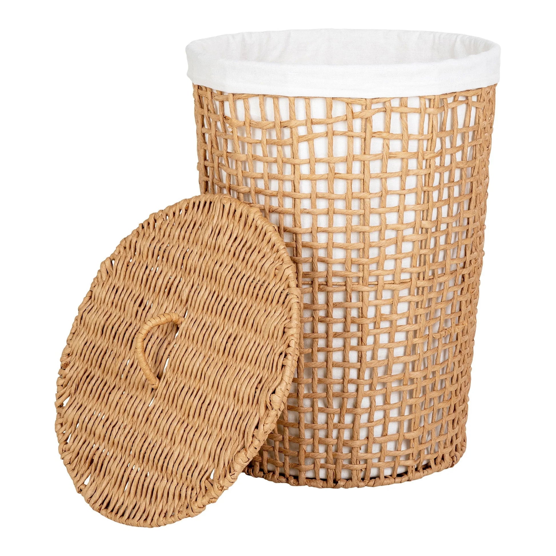 Panier à linge en papier beige et blanc avec couvercle et liner blanc, ø42x56 cm
