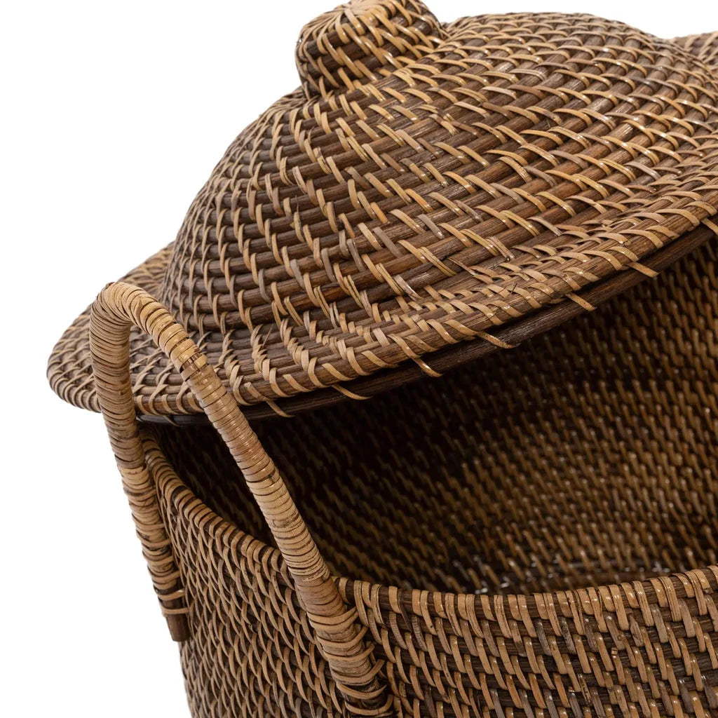 Panier à poignées coloniales en bois marron naturel avec couvercle