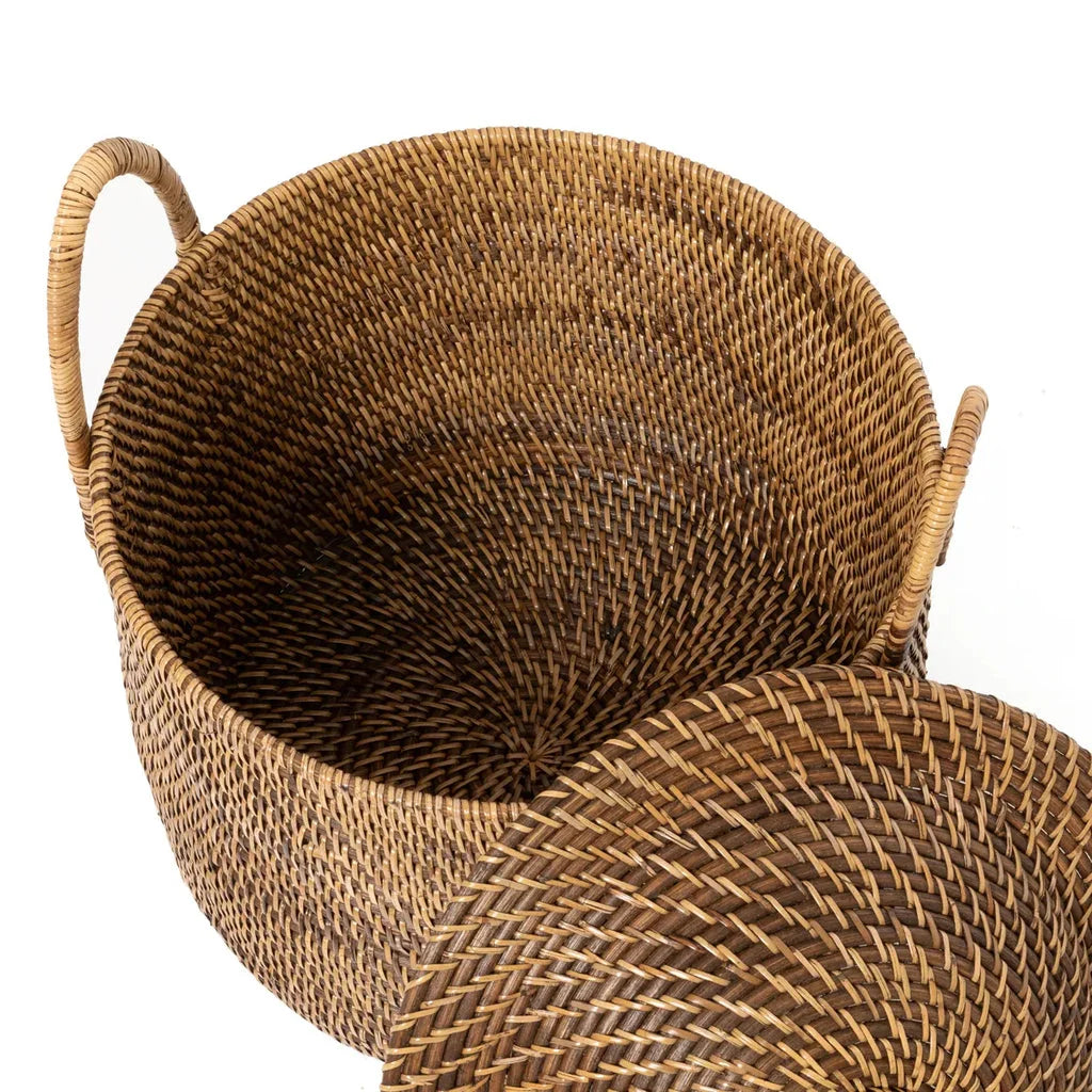 Panier en osier brun naturel avec couvercle et poignées, Le panier à poignées coloniales