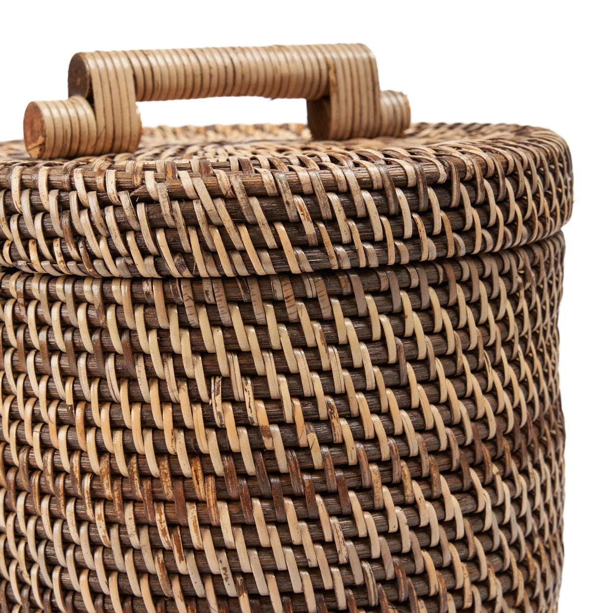Panier cylindrique en rotin tressé brun naturel avec couvercle H33 cm