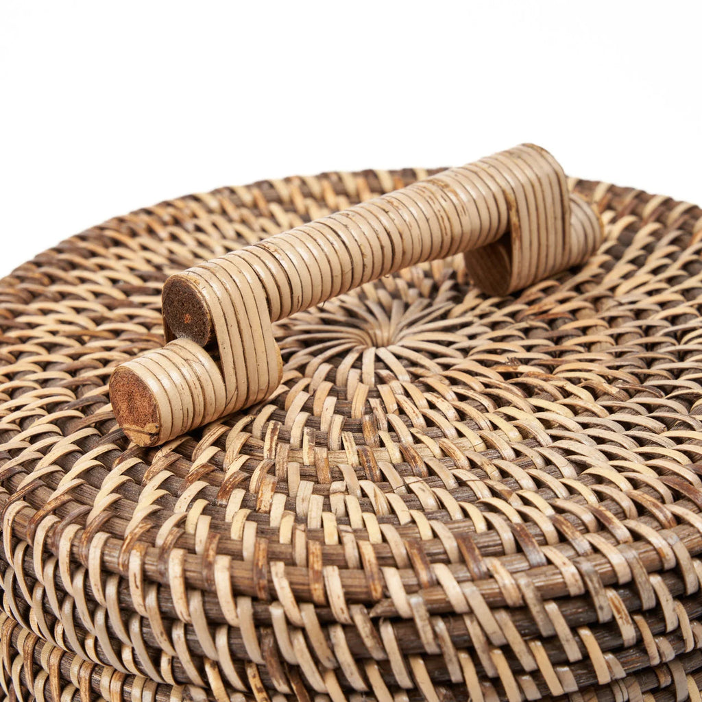 Panier cylindrique en rotin tressé brun naturel avec couvercle H33 cm