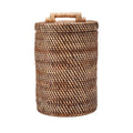 Panier cylindrique en rotin tressé brun naturel avec couvercle, H33 cm