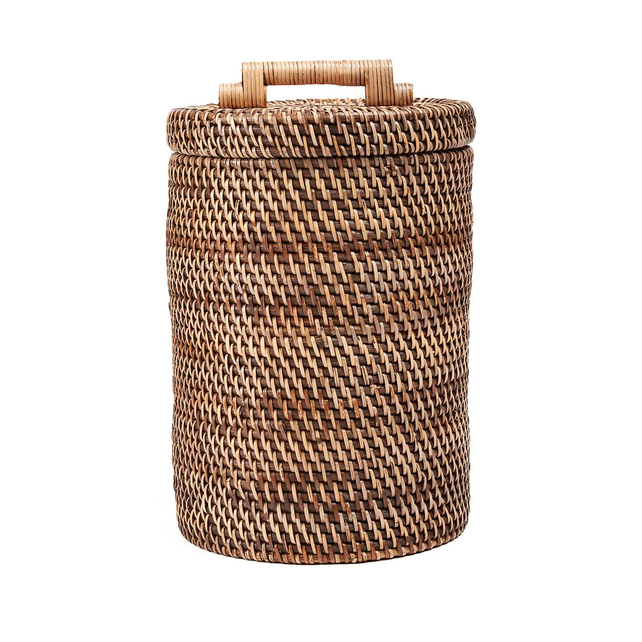 Panier cylindrique en rotin tressé brun naturel avec couvercle, H33 cm