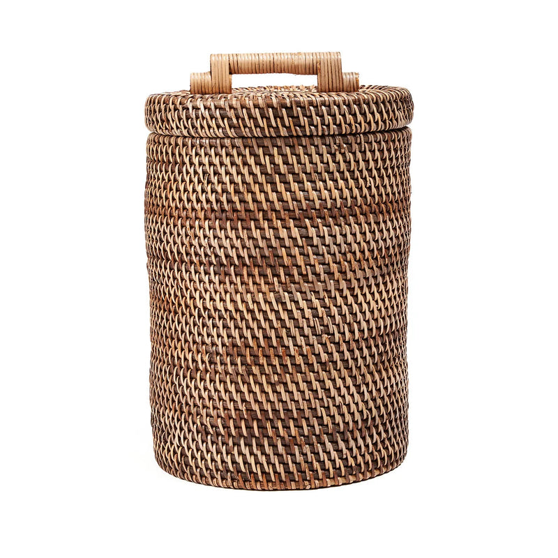 Panier cylindrique en rotin tressé brun naturel avec couvercle – H33 cm