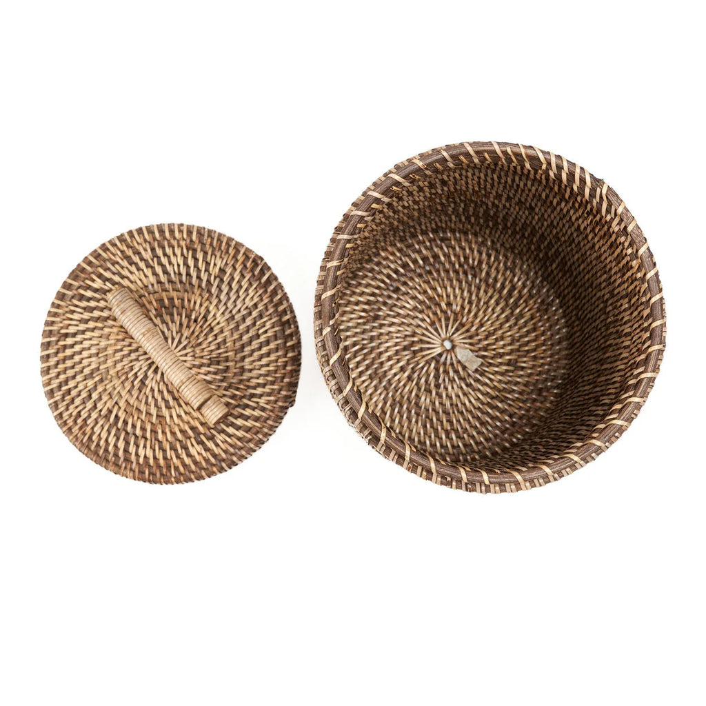 Panier cylindrique en rotin tressé brun naturel avec couvercle à anse, H33 cm