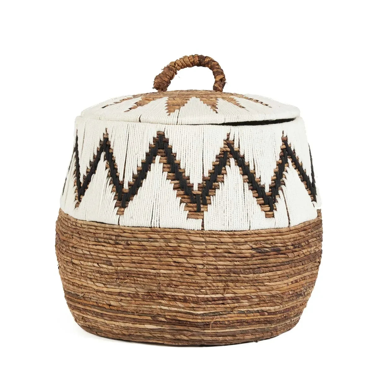 Panier décoratif rond en feuille de bananier blanc naturel avec couvercle, 61 cm
