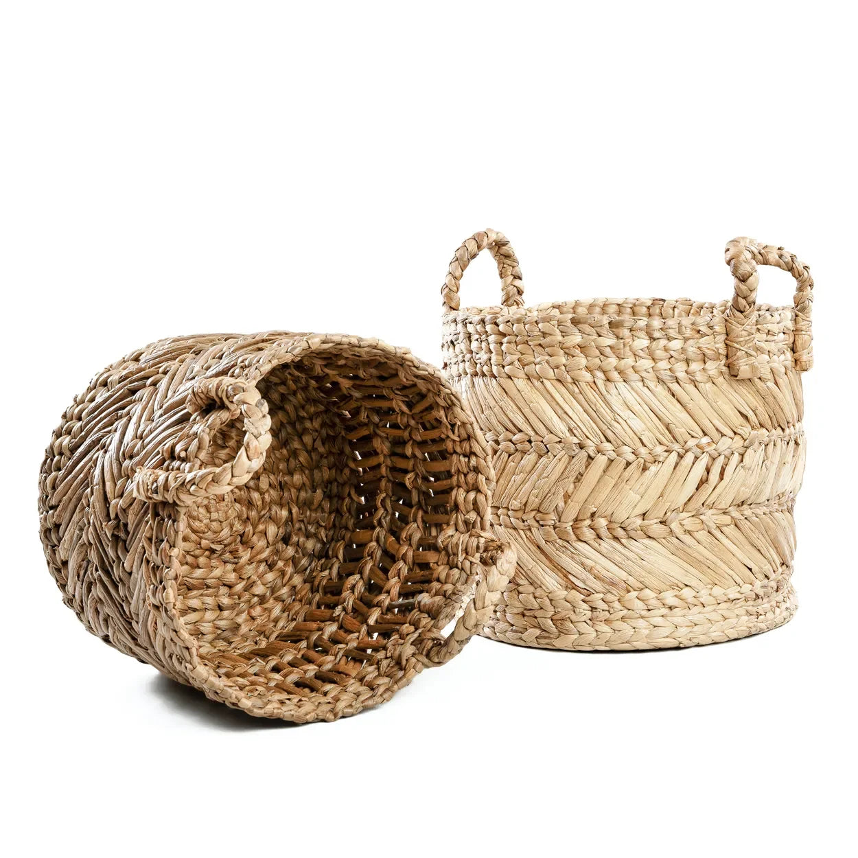Panier en feuilles de bananier avec poignées tressées et motif chevron, Ø40 cm