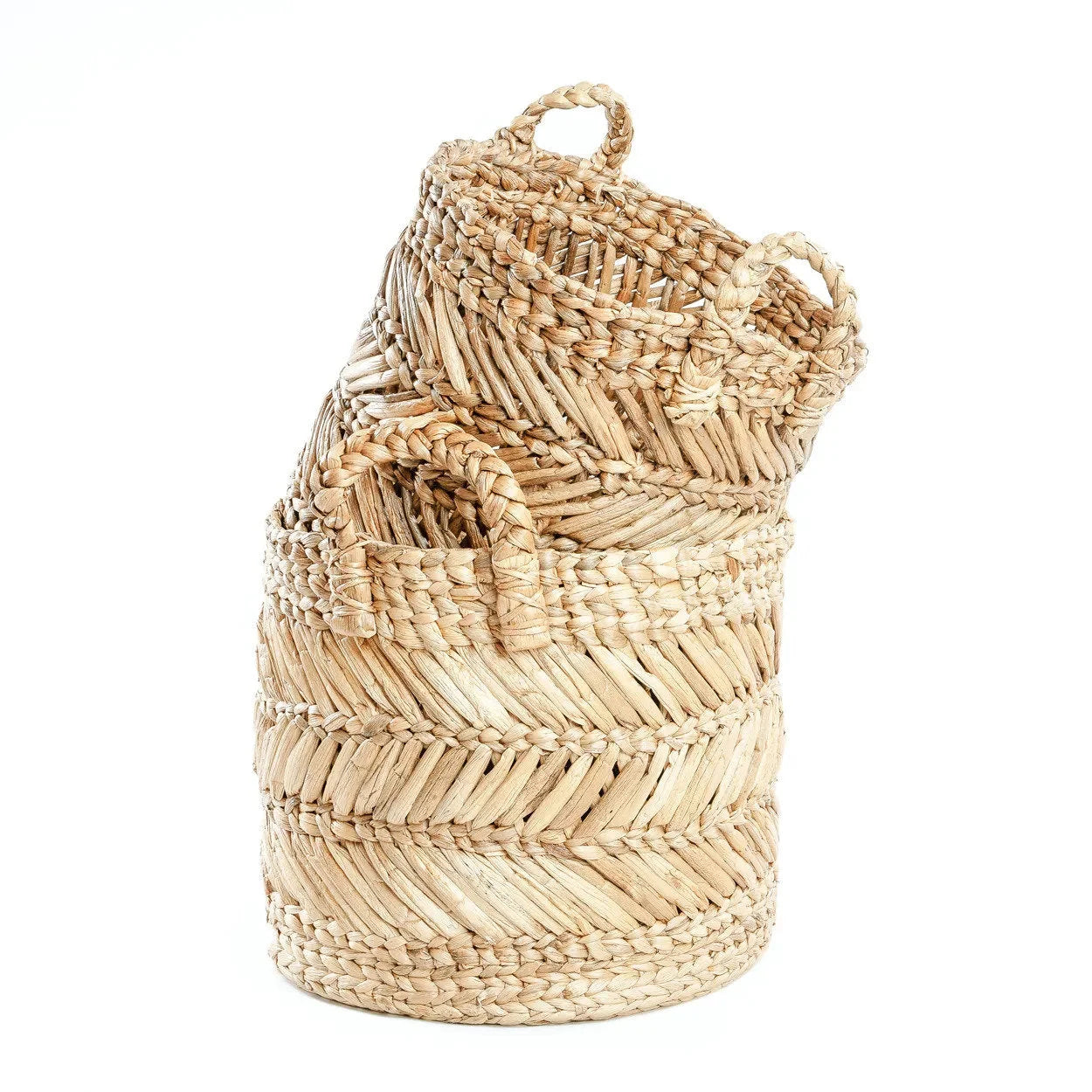 Panier en feuilles de bananier motif chevron avec poignées tressées – Ø40 cm